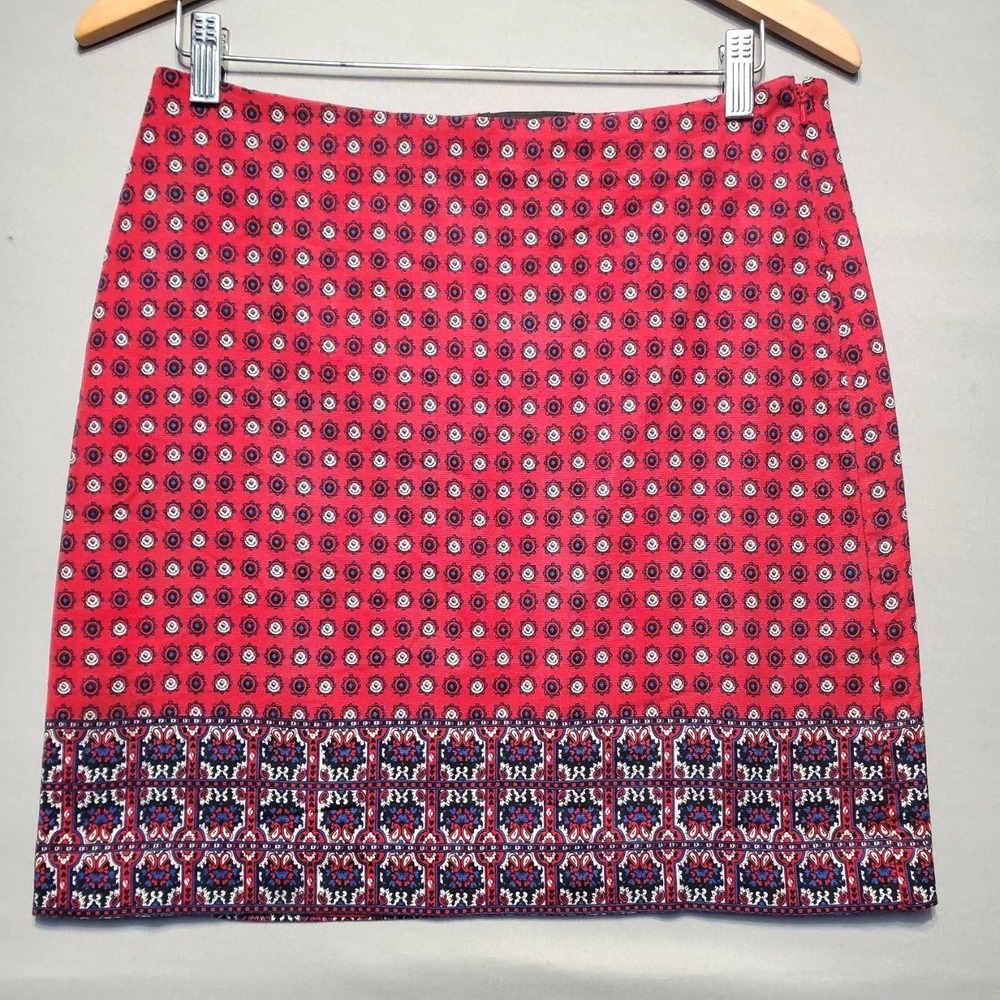 Talbots Petites Geometric Border Print‎ Pencil Skirt Womens 8P Red Stretch Lined